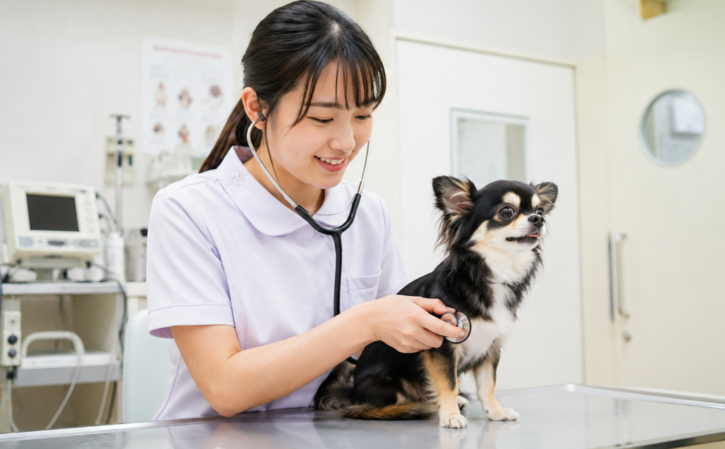 愛玩動物看護師が犬の健康状態を確認している様子