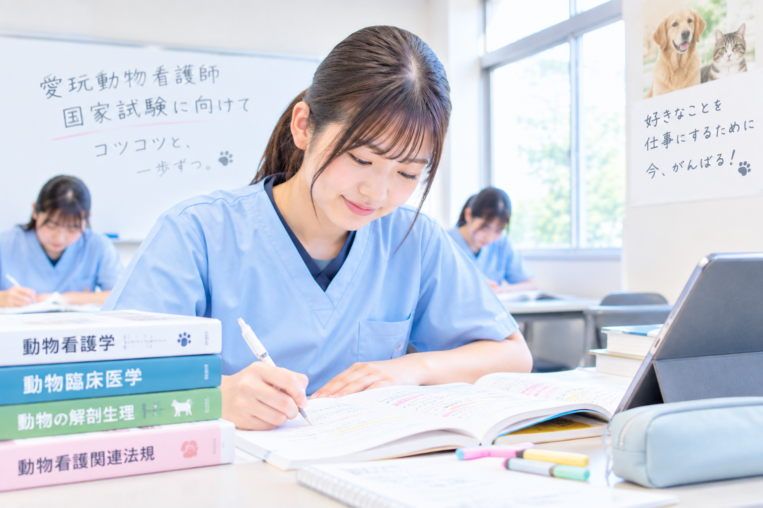 動物看護学生が愛玩動物看護師国家試験の勉強をしている様子