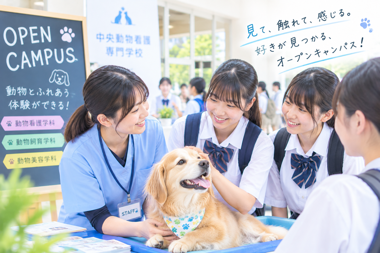 高校生が動物看護のオープンキャンパスに参加している様子