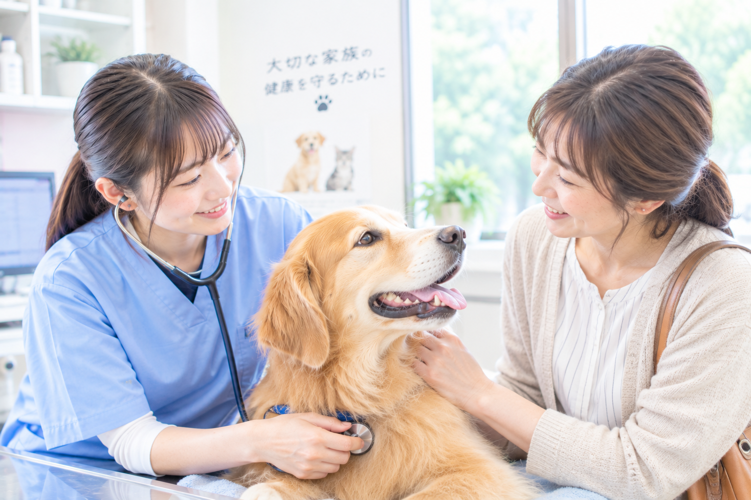 愛玩動物看護師が飼い主と犬について相談している様子