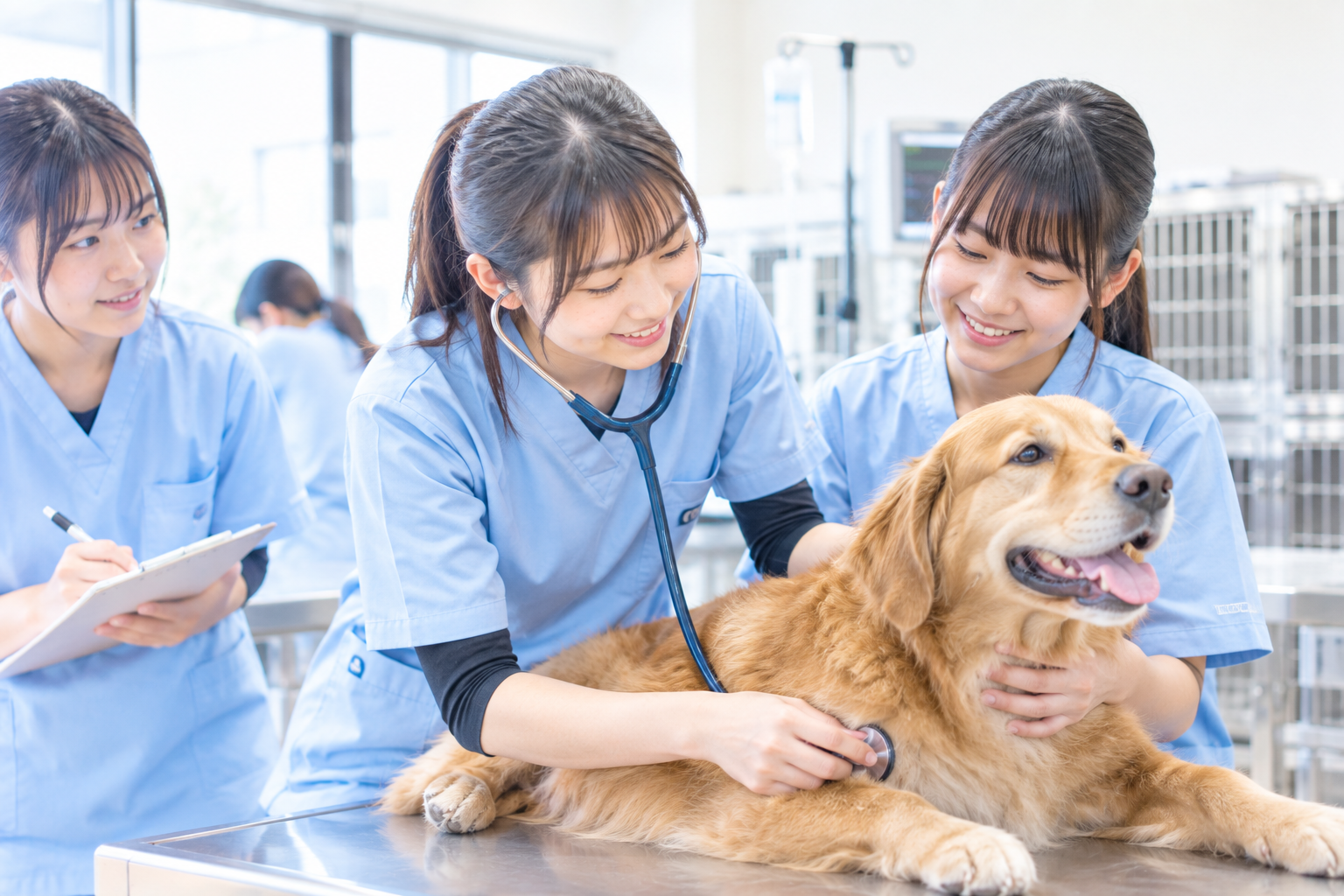 動物看護学生が犬を使った実習を行っている様子