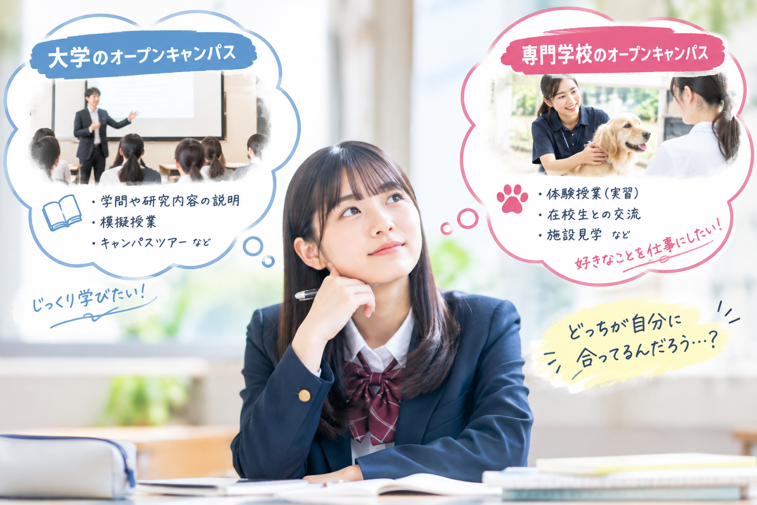 大学と専門学校のオープンキャンパスの違いをイメージする高校生