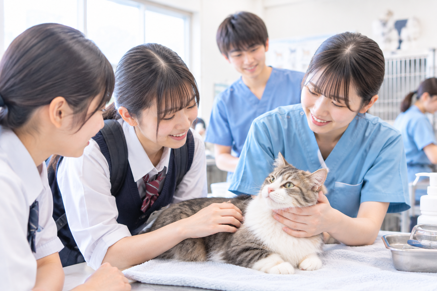 専門学校で動物のケアを学ぶ学生