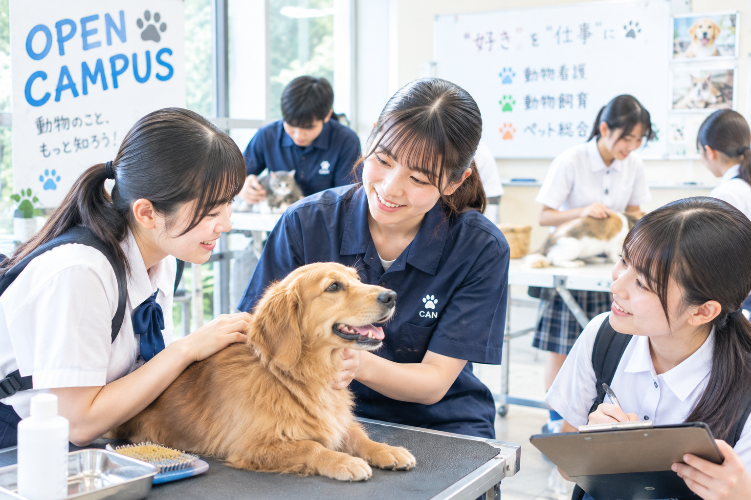 動物の専門学校のオープンキャンパスで体験する高校生