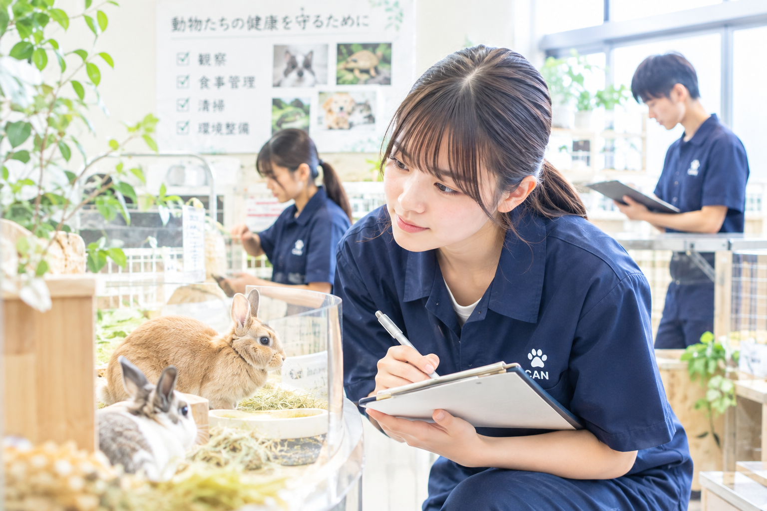 学生が動物の様子を丁寧に観察しながら飼育管理を行う様子