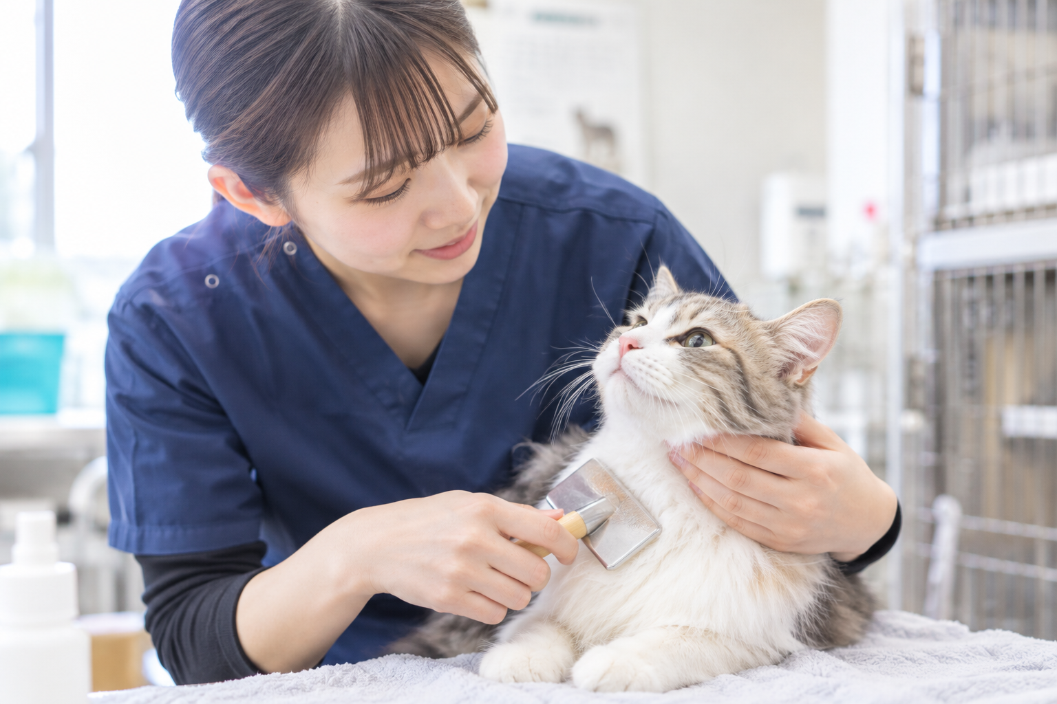 猫のケアを行う動物業界のスタッフ