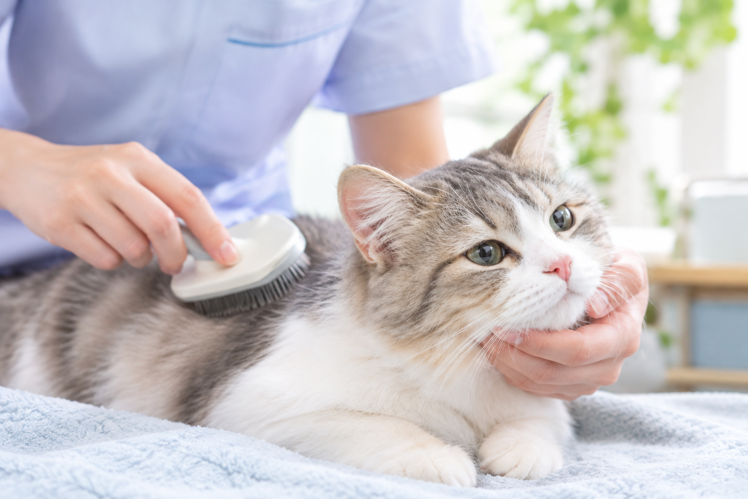 猫に負担をかけないよう優しくケアする様子