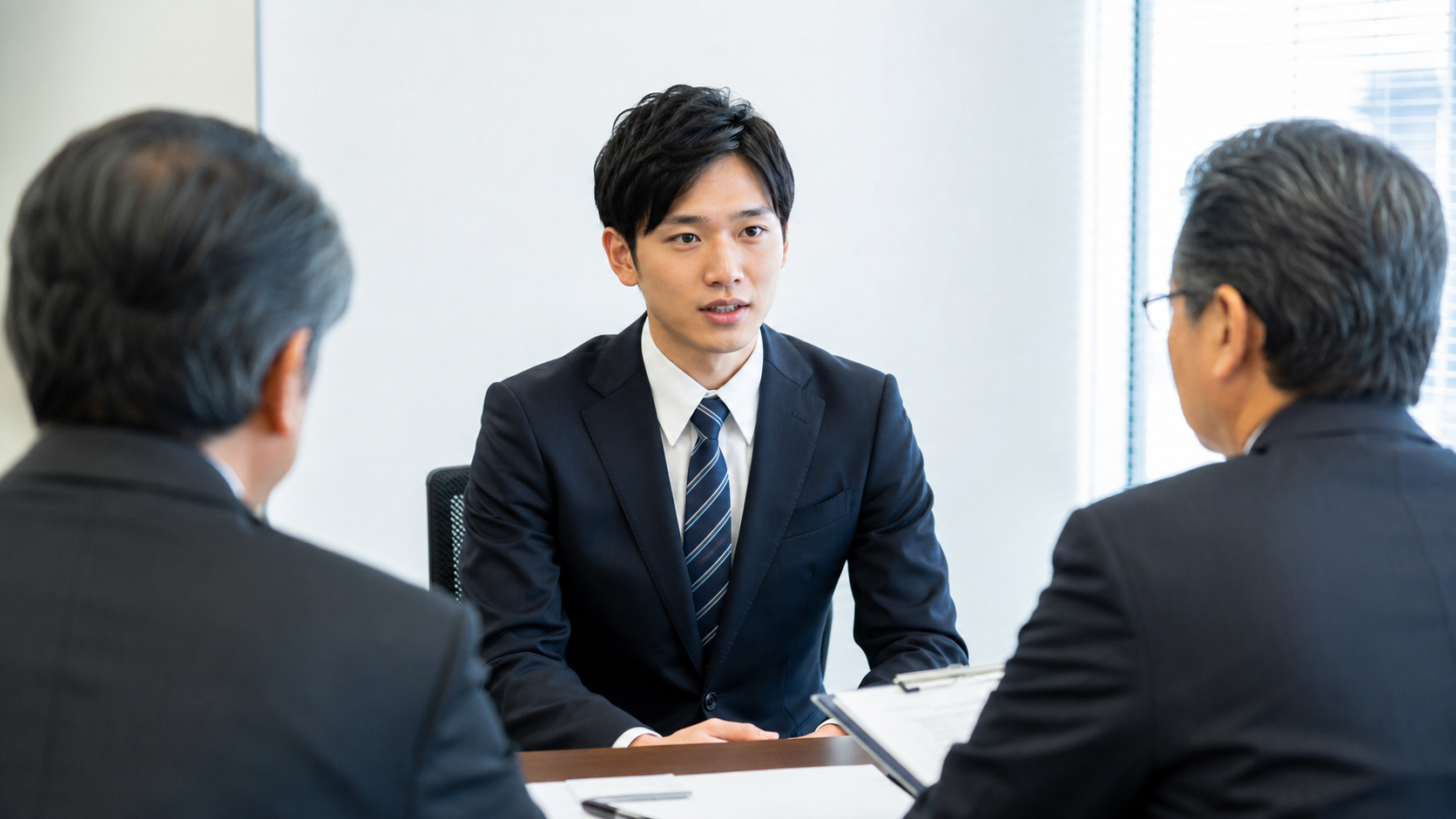就職面接を受けるスーツ姿の男性