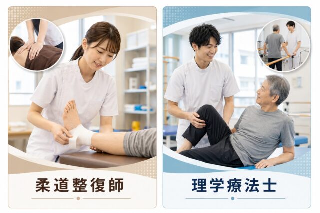 柔道整復師と理学療法士の仕事内容や対象となる患者の違いを比較しているイメージ