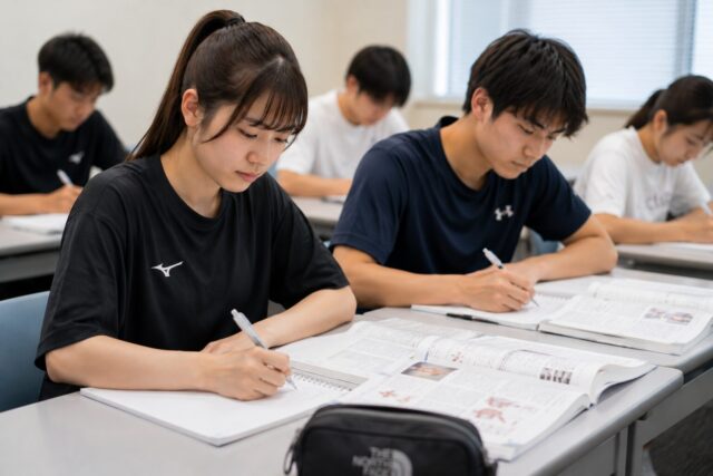 スポーツトレーナーを目指して専門知識や身体の仕組みについて学んでいる学生の様子
